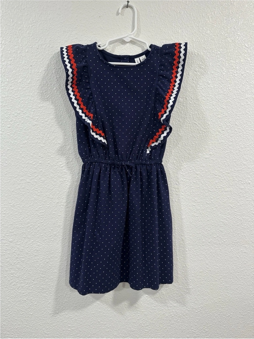 Janie and Jack Navy Polka Dot Dress with Red & White Ruffle Trim Size 7